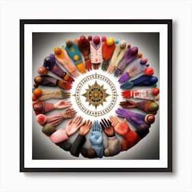 The Image Portrays A Diverse Group Of Hands Holding Symbols Representing Different Religions And Beliefs, Arranged In A Circle To Promote Unity And Understanding 1 Art Print