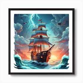 Pirate Ship In Stormy Sea Art Print