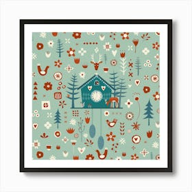 Cuckoo Clock Scandinavian Folk Art Art Print