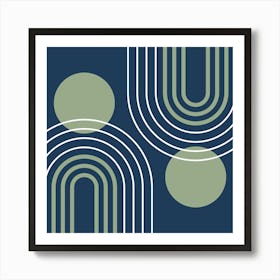 Mid Century Modern Geometric B21 In Navy Blue And Sage Green (Rainbow And Sun Abstract) 02 Art Print