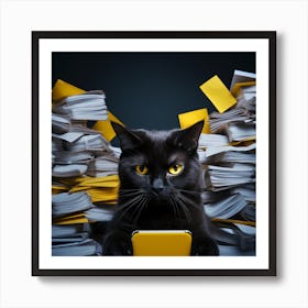 Black Cat In A Pile Of Papers Holding A Phone Art Print