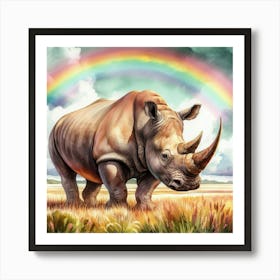 Rhinoceros With Rainbow in water color Art Print