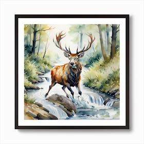 stag startled into stream Art Print