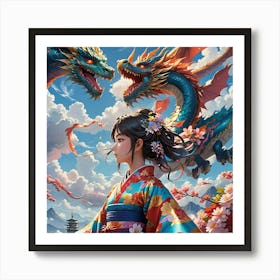 Asian Girl With Dragons Art Print