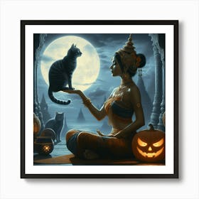 Thai Girl With Cat Art Print