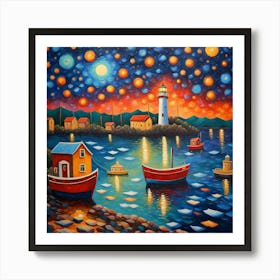 Night At The Harbor , Impressionist style , fine wall art Art Print