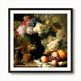 Still Life With Fruits And Flowers Art Print