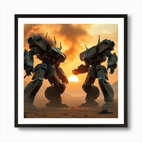 Giant Robot Battle In A Desert Wasteland Art Print