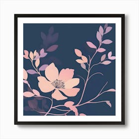 Branch With Navy Blue Flower, Peach & Lilac Art Print