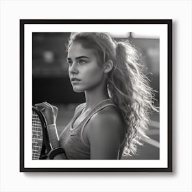 Black And White Portrait Of A Young Woman Holding Tennis Racket Art Print