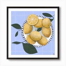 Lemons On Blue Tablecloth Square Art Print