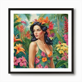 Woman In Tropical Flower Garden Art Print 3 Art Print