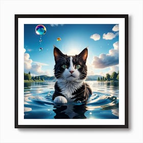 Cat In The Water Art Print