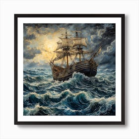 Sailing Ship In Stormy Sea Art Print