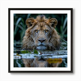 Lion In The Water Art Print