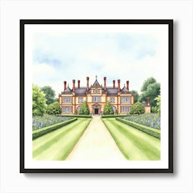 Watercolor View Of The Houghton Hall In Norfolk, Showcasing Its Grand Design And Beautiful Gardens Art Print