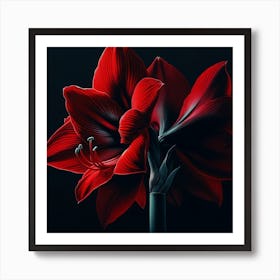 "Midnight Blossom"  A striking red amaryllis blooms against a stark black backdrop, its petals a vivid dance of shadow and ruby light. This digital artwork captures the essence of nature's drama, its colors a bold statement of beauty in the darkness.  Discover the allure of 'Midnight Blossom', where the captivating beauty of a red amaryllis is rendered with exquisite detail, creating an elegant piece perfect for adding a touch of sophistication to any space. Art Print