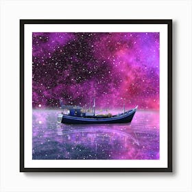 Boat Fisherman Ship Sea Ocean Milky Way Night Nature Universe Space Galaxy Lake Water Art Print