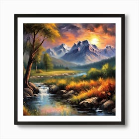 Mountain Stream At Sunset Art Print