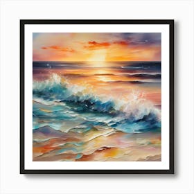 Seashore. Sand, waves, sunset and summer oil colors. Olivia arts printable. Art Print