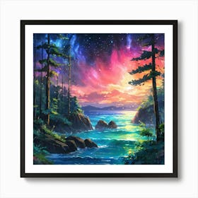 Vibrant Twilight Over a Secluded Cove Surrounded by Forest Art Print
