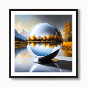 A Glas Ball Construction At A Lake With Autumn Nature And Reflection Art Print