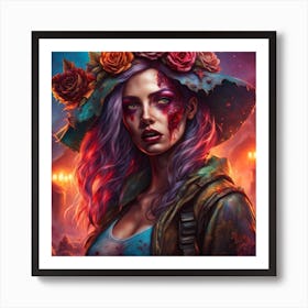 Zombie Girl With Flowers Art Print