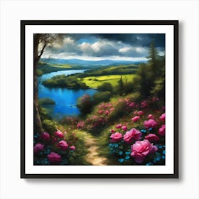 Pink Roses above the Lakeland Landscape Art Print