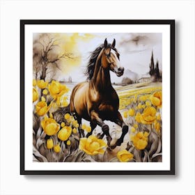 Horse In Yellow Tulips Painting Art Print