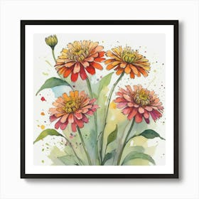 Zinnias flower plants painting art print 2 Art Print