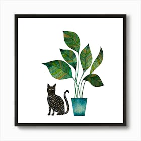 Black Cat And House Plant Art Print