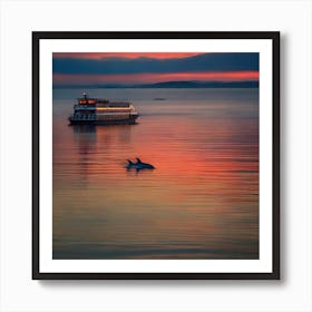 Sunset With Dolphins 2 Art Print