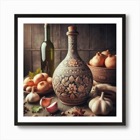 Wine Bottle On Wooden Table Art Print