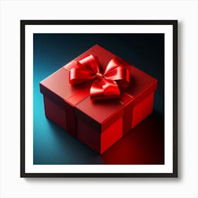 A beautiful red gift box with a shiny red ribbon wrapped around a separate lid with a bow on top, sitting on a dark blue surface with a spotlight shining on it from the top left corner Art Print