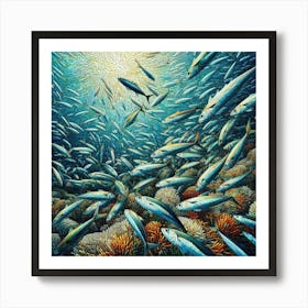 Sardines Gathering Around A Coral Reef In A Vibrant Mosaic, Style Digital Mosaic 3 Art Print