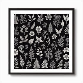 Set Of Black And White Leaves Art Print