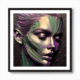 Woman's Face In An Abstract - An Embossed Artwork In Pale Green And Deep Purple With Metal Effect. Art Print