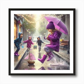 Children Playing In The Rain Art Print