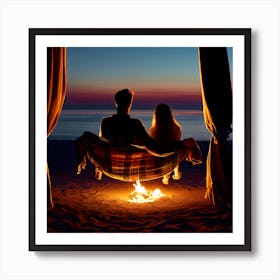 Romantic Couple On The Beach At Sunset Art Print