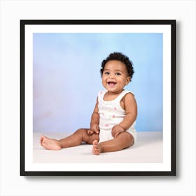 Beaming Infant Grinning Widely Seated In A Softly Lit Studio Space Pastel Colored Backdrop Offers (1) Art Print