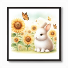 Bunny In Sunflowers And Butterflies Art Print