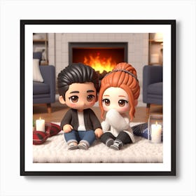 Cool Couple Sitting In Front Of Fireplace Art Print