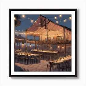 Bohemian, Rustic Event Venue At Dusk With Hanging Lights Art Print