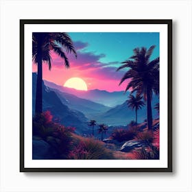 Sunset In The Mountains, Tropical Landscape With Palm Trees, blue sky, wall art, trees, and sun. good look, Art Print