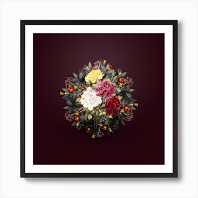 Vintage Carnation Flower Wreath on Wine Red n.0090 Art Print