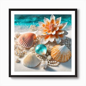 Firefly A Beautiful Feminine Flatlay Of Exotic Seashells, Corals, And Pearls On White Sands And Ocea (3) Art Print