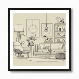Minimalist Line Art Of Mid Century Furniture Pieces Arranged In A Stylish Living Room Setting, Style Line Drawing 1 Art Print