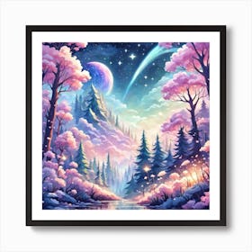 A Fantasy Forest With Twinkling Stars In Pastel Tone Square Composition 349 Art Print