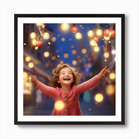 Little Girl With Christmas Lights Art Print