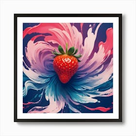 A Strawberry Surrounded By Swirls Of Pink, Blue, And White Paint, Creating A Colorful And Abstract Design Art Print